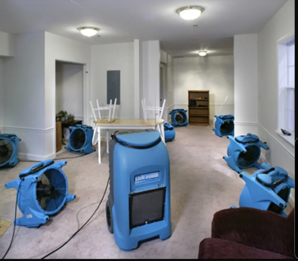 Air movers and dehumidifier setup for Water Damage Restoration in Boxborough
